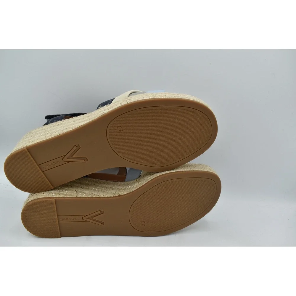 Vionic Women Size 11 Saratoga Navy Multi Leather Wedge Espadrille Sandals Shoes